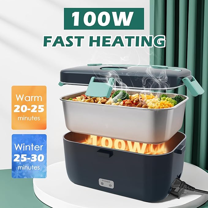 Electric-Lunch-Box-Heated-Food-Warmer 100W Heating Lunchbox for Adults 1.8L Portable Food Heater for Work/Car, 12V/24V/110-230V Lonchera Eléctrica Portátil with Fork Spoon (Gray+Green)