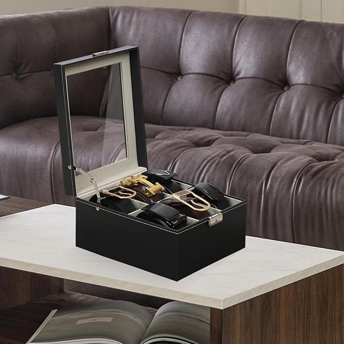 AUTOARK PU Leather Belt Organizer with 6 Compartments & Transparent Glass Top,Compact Storage for Belts,Ties,and Accessories,Perfect for Men, Women,and Home Organization,MKAW240