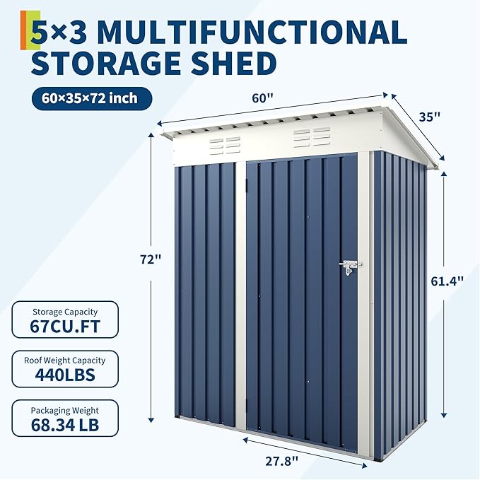 5x3 FT Outdoor Storage Shed, Tool Shed with Sloping Roof and Lockable Door, Compact Metal Tool Garden Shed for Garden, Backyard, Patio