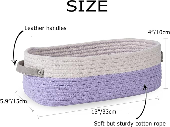 Cotton Rope Woven Basket Toilet Paper Organizer - Decorative Storage Basket for Boho Decor - 13"x5.9"x4" Purple