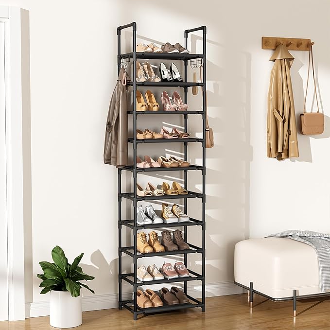 10 Tiers Shoe Rack 25 Pairs Large Capacity Tall Shoe Organizer Sturdy Shoe Storage with Two Hooks Space Saving Metal Narrow Shoe Rack for Closet, Entryway, Bedroom, Black