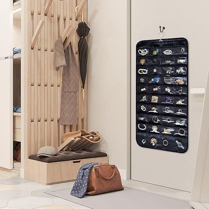 Hanging Jewelry Organizer Storage Roll with Hanger Metal Hooks Double-Sided Jewelry Holder for Necklaces, Earrings, Rings on Door, Wall, Closet, 48 Pocket Organizer,Black