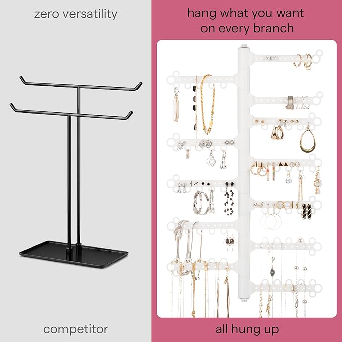 AllHungUp 12-Tier Wall Jewelry Organizer Wall Mounted Jewelry Organizer Necklace Holder Wall Mount Hanging Necklace Organizer Jewelry Hanger Wall Mounted Earring Holder Display Earring Organizer White