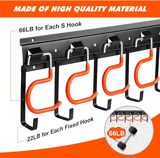 68'' All Metal Garden Tool Organizer Adjustable Garage Tool Organizer Wall Mount Garage Organizers and Storage with Heavy Duty Hooks Tool Hangers for Garage Wall, Shed, Garden