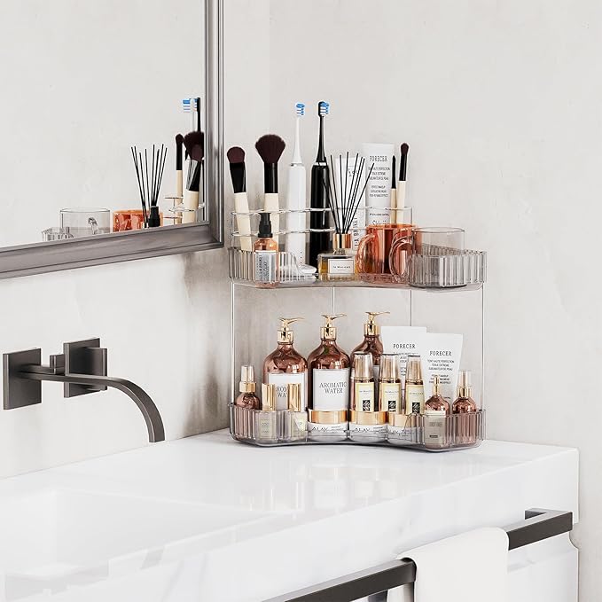 2-Tier Corner Bathroom Counter Organizer with Top Toothbrush Holders,Large Makeup Organizer Countertop with Brush Holder,Skincare Organizers Corner,Exquisite Vanity Organizer (Gray, 2 Tier)