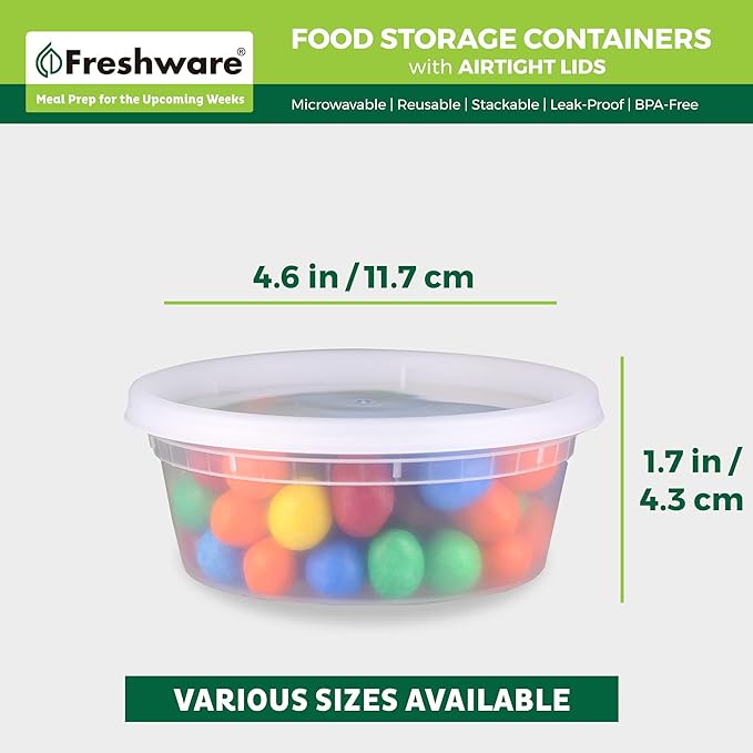 Freshware Food Storage Containers [50 Set] 8 oz Plastic Deli Containers with Lids, Slime, Soup, Meal Prep Containers, BPA Free, Stackable, Leakproof, Microwave, Dishwasher and Freezer Safe