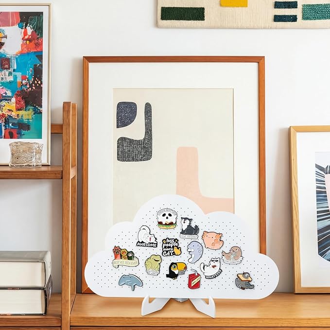 Novabright Cloud Pin Display Board 11"x 6" White Wooden Enamel Pin Pegboard with Stand Brooch Earrings Tabletop Pins Storage Board Holder Organizer Display Storage Gift for Office Deck Wall Home