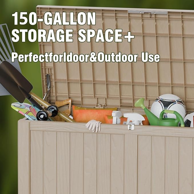 150 Gallon Lockable Resin Outdoor Storage Box, Waterproof & Weather Resistant Deck Box for Patio Cushion, Garden Tools & Pool Accessories, Grey