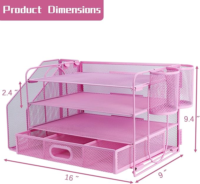 Desk Organizers and Accessories with File Holder, 4-Tier Paper Letter Tray Organiser with Drawer and 2 Pen Holder, Mesh Desktop Document Organizer for Office Supplies, Workspace - Pink