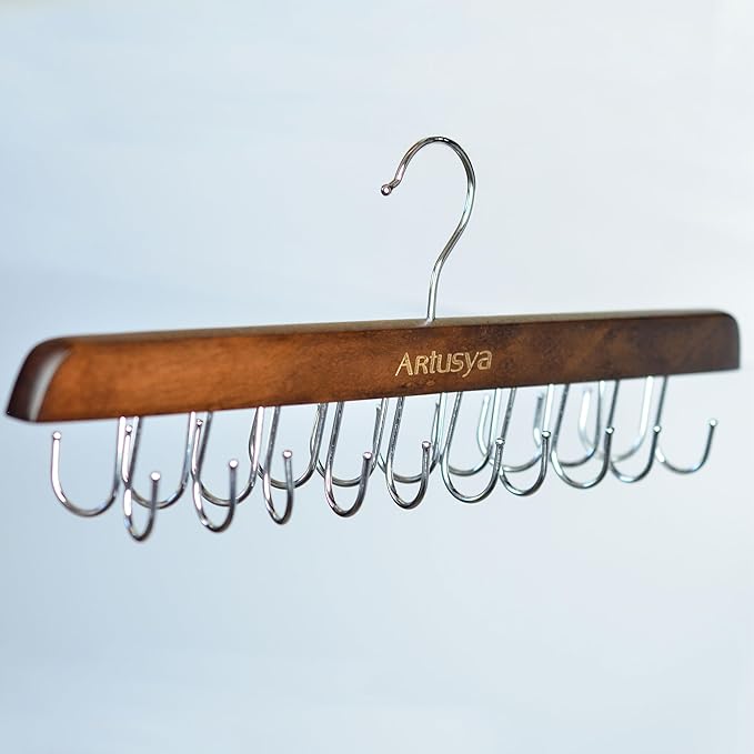 Belt Hanger for Closet, Sturdy Wood Belt Rack Closet Accessories with 20 Hooks Belt Organizer for Closet Organizers and Storage, Brown