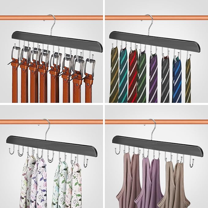 Solid Wood Belt Hanger, 14 Hooks Belt Organizer Space Saver for Closet, 360° Rotating Belt Holder Tie Rack for Men Women Dorm Bra Purse Scarf Tank Top Storage Accessories (Black)