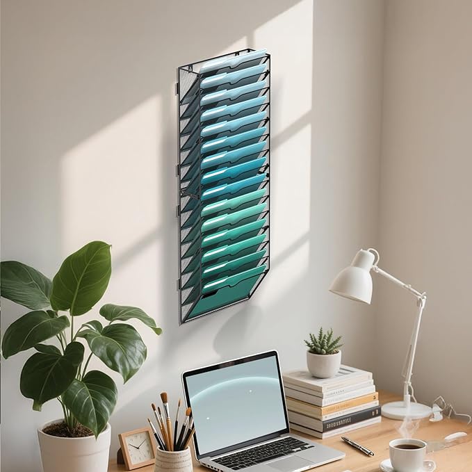 SUPEASY 15-Tier Wall File Organizer, Hanging Wall Files for Papers, Folders, Magazines, Wall Organizer for Clipboard, Assembly Needed, Black