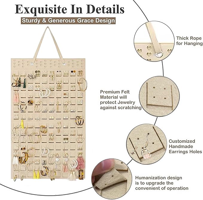Hanging Jewelry Earrings Necklaces Holder For Women Large Capacity Wall Mounted Earring Bracelet Brooch Sunglasses Organizer (khaki Earrings Holder)