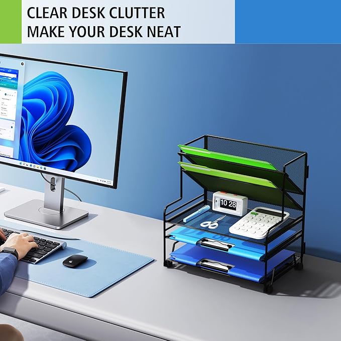 4-Tier Paper Organizer + 3-Pocket File Holder, Desktop File Organizers Paper Tray for Office School Classroom Workspace Organization (Black Desk Organizer, No Drawer & No Pen Holder)