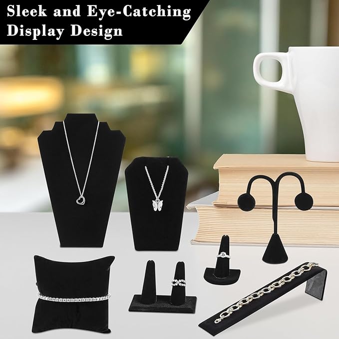 Novel Box Black Velvet 11 Pieces Jewelry Display Set for Necklaces, Bracelets, Rings, Earrings, Pendants & Watches - Jewelry Displays Set Organizer for Selling or Personal Use