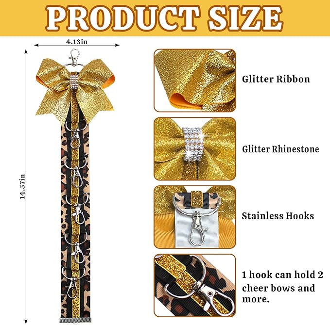 ALIBBON Cheer Bow Holder Glitter Gold Leopard Print Hair Bow Holder Cheer Keychain for Cheerleading Backpack Bag Cheerleader Gifts Sports Cheerleading Bows Storage Hanging Ribbon Chain with 5 Clasps