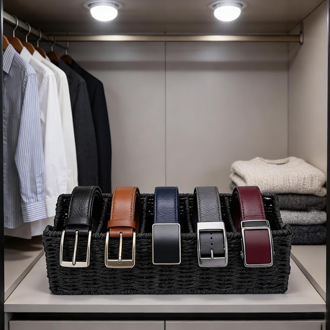 Rattan Belt Organizer for Closet, 6-Compartment Bamboo Tie and Belt Storage Box, Natural Belt & Tie Case Holder for Dresser Drawer-Black