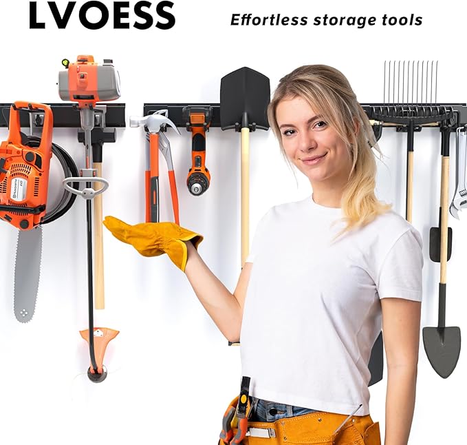 48" Garage Tool Organizer Wall Mount, 440lbs Heavy Duty Metal Storage Rack | Adjustable Hooks Garden Tool Organization System | Anti-Rust Shed Holder for Hanging Rake, Broom, Shovel, Snowboard