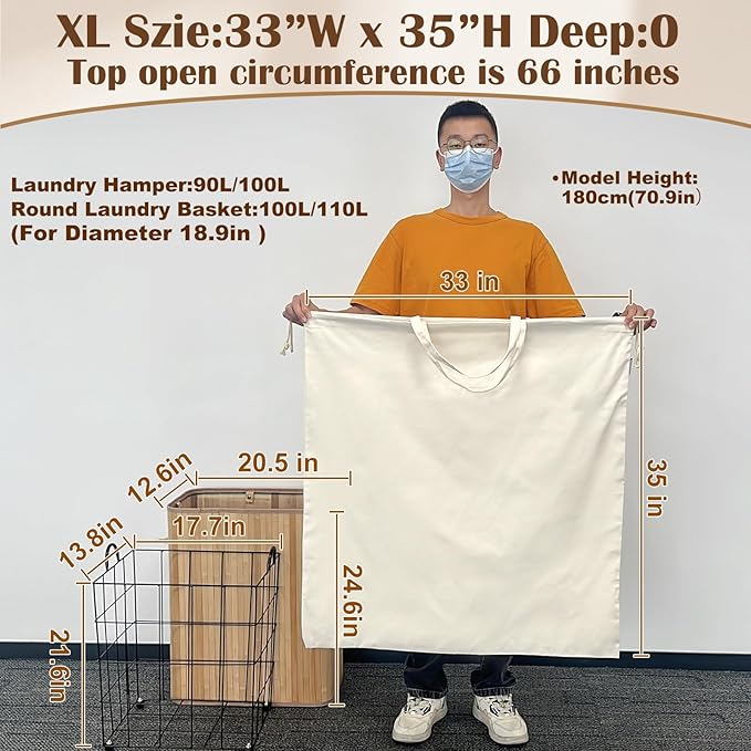 Canvas Laundry Bag 33"Wx 35"H, Thick Canvas Laundry Bag with Handles & Drawstring, Extra Large Heavy Duty Washable Basket Liner Hamper Liner Storage Sack (Beige XL, 1 Pack)