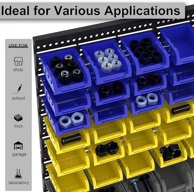 Wall Mounted Storage System 90PCS - Heavy-Duty Plastic Bins for Garage，Home, Closet & Bedroom Organization, Rack Holds Nuts, Bolts, Tools, Hardware
