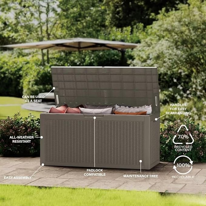 Outdoor Storage Box, 200 Gallon Resin Deck Box Waterproof for Patio Furniture, Garden Tools and Pool Accessories, Lockable UV-Resistant Storage Bin Bench Cabinet for Outside, Gray