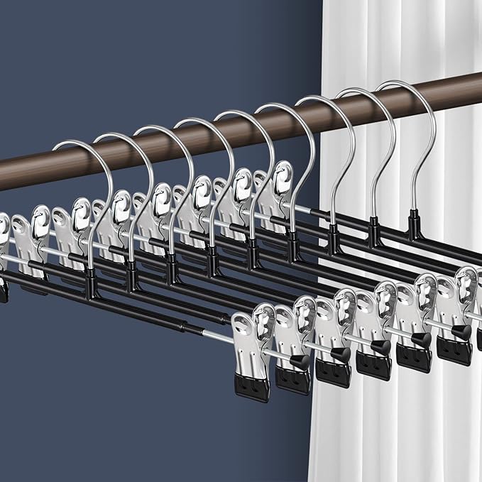 14Inch Black Pants Hangers with Clips for Women 10 Pack Adjustable Heavy Duty Space Saving Skirt Hangers Non-Slip Trousers, Jeans Clothes,Shorts
