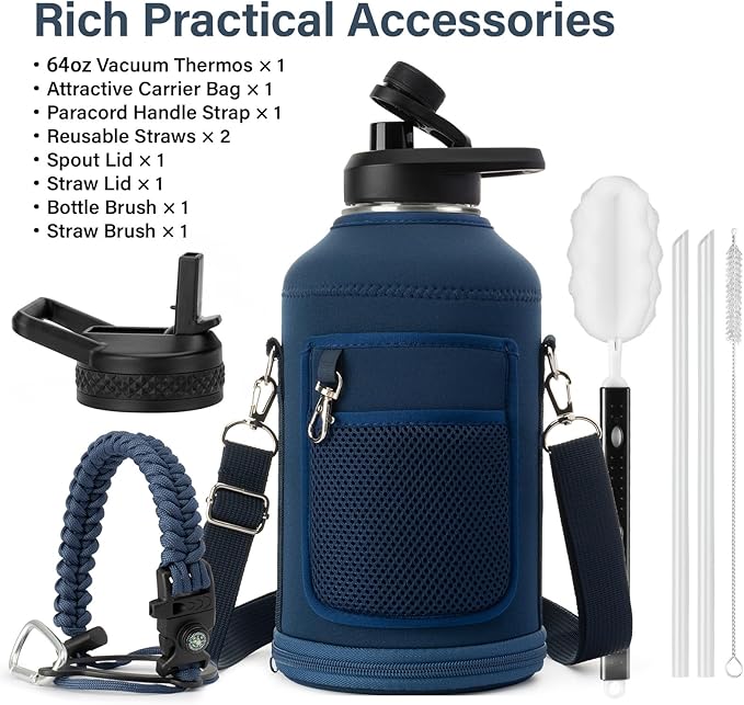 64 oz Insulated Water Bottle | Upgraded Thickened Stainless Steel Water Jug for Gym and Hiking with Straw, Carrier Bag, Handle Strap | BPA-Free 64 oz