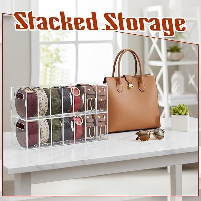 Belt Organizer Acrylic, Belt Organizer for Drawer with Lid and Handle Dustproof 7 Compartments 2 in 1 Beltbox Hangable Sock Storage Durable for Storing Ties in Wardrobes and Drawers