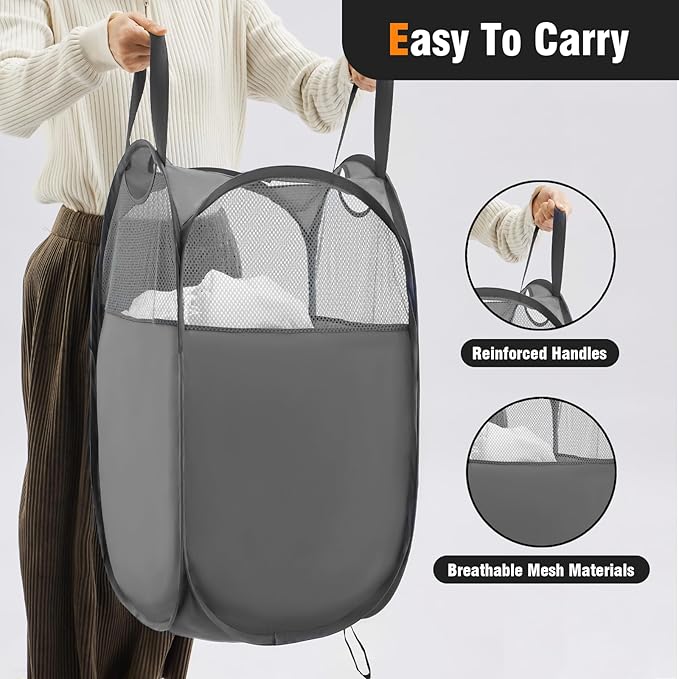 TECHMILLY Pop Up Foldable Laundry Basket, Mesh Laundry Hamper with Reinforced Handles for Dirty Clothes Storage in Dorm, Laundry Room, Bathroom, Grey(Fabric), 3 Pack