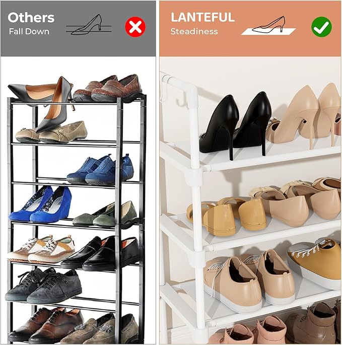 3 Tier Shoe Rack for Closet, Shoe Organizer with 5 Hooks, Long Shoe Shelf Storage for Shoe and Boot Stackable Free Standing Shoe Rack for Entryway, Garage, Small Spaces, Dorm, White