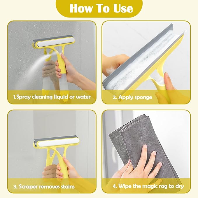 XANGNIER Window Cleaner Tool Kit,2025 3 in 1 Window Cleaning Scraper with Spray,Thickened Magic Cleaning Cloth,Window Scrubber Cleaning Squeegee for Glass,Mirror,Shower Doors,Car Windshields(Yellow)