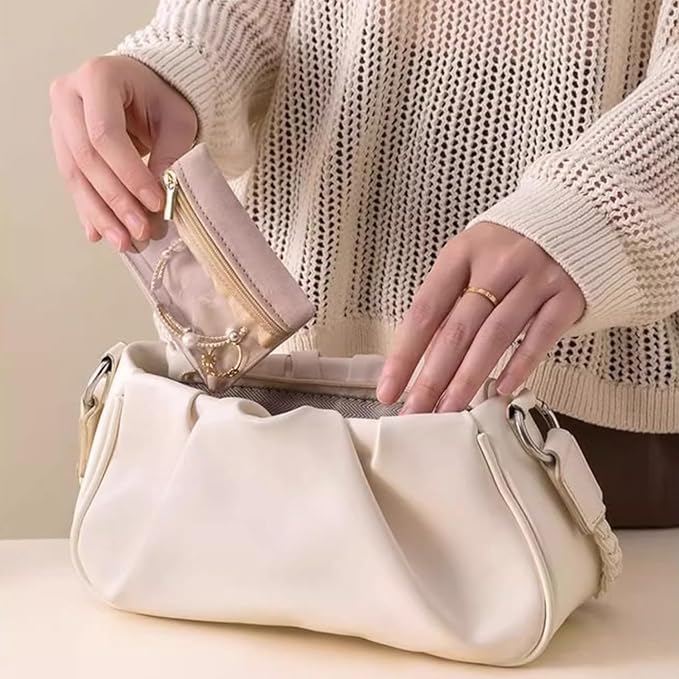 Small Jewelry Pouch Travel Organizer Bags with Soft Velvet and Zipper, 6PCS Pocket Storage Bag Case Purse Organizer for Women Girl Grandma Gift（ beige）