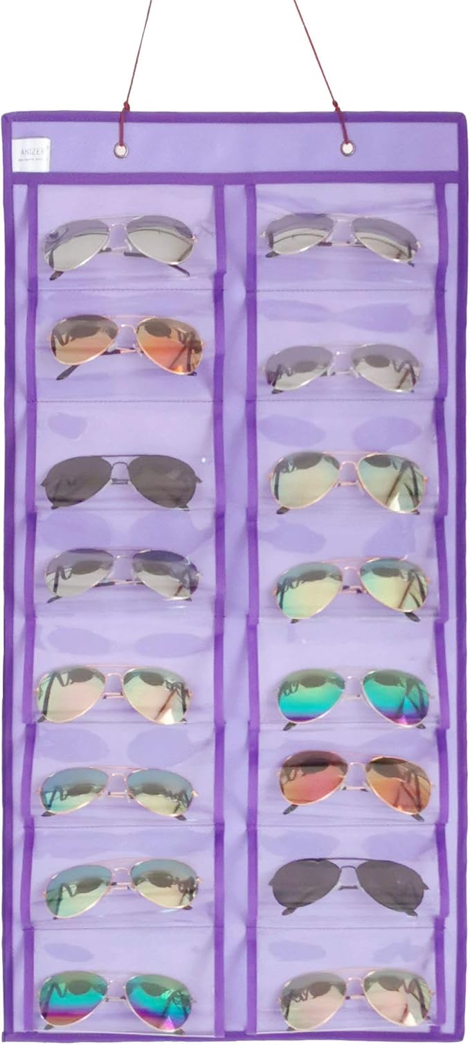 Dual-sided Hanging Sunglasses Organizer Dust-Proof Glasses Storage Wall Pocket Eyeglasses Display Case with 32 Slots