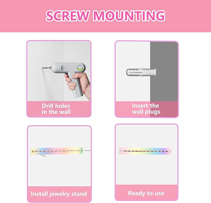 2 Sets Iridescent wall necklace holder Acrylic hanging jewelry organizer Wall mounted with Adhesive stickers and Screws for Girl Women Necklaces Bracelets Rings and Jewelry Storage Display