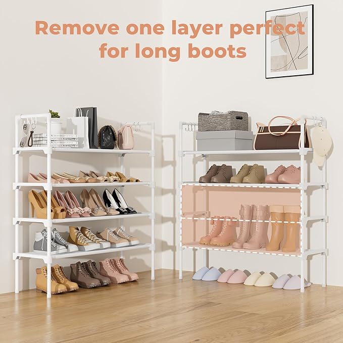 4 Tier Shoe Rack for Closet Shoe Organizer with 5 Hooks, Long Shoe Shelf Storage for Shoe and Boot Stackable Free Standing Shoe Rack for Entryway, Garage, Small Spaces, Dorm, White