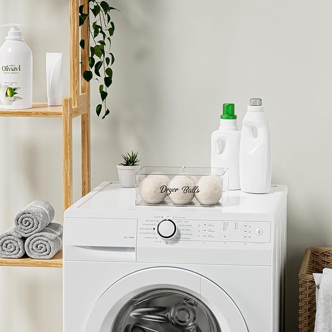 Dryer Ball Holder for Laundry Room ,Acrylic Dishwasher Pods Container with Lid,Dryer Balls Dispenser,Laundry Room Organization and storage Box for Laundry Pods,Clips,Dryer Balls and Sheets (No Balls)