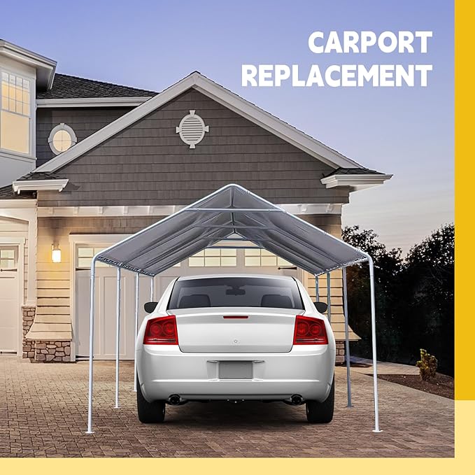 10 x 20 ft Heavy Duty Canopy Replacement Cover Waterproof Carport Garage Car Shelter Tarp Tent for Car Canopy with 50 Ball Bungees, Only Top Cover, Frame is Not Included
