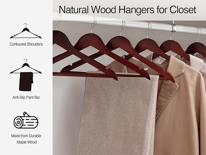 StorageWorks Wooden Hangers 20 Pack, Wood Coat Hangers for Closet, Heavy Duty Clothes Hangers for Suits, Shirts, Pants, Jackets, Dark Cherry Color