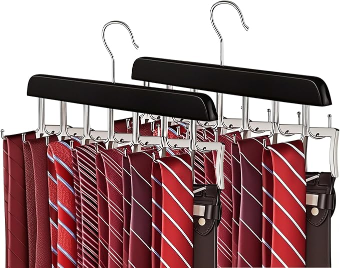 2 Pack 2 in 1 Belt Tie Hanger for Closet Max 60 Belts with 60 Ties Capacity, 40 Hooks Belt Tie Racks Wooden Hanger for Closet Organizer Storage “U” Fit Belt and “一” Fit Tie