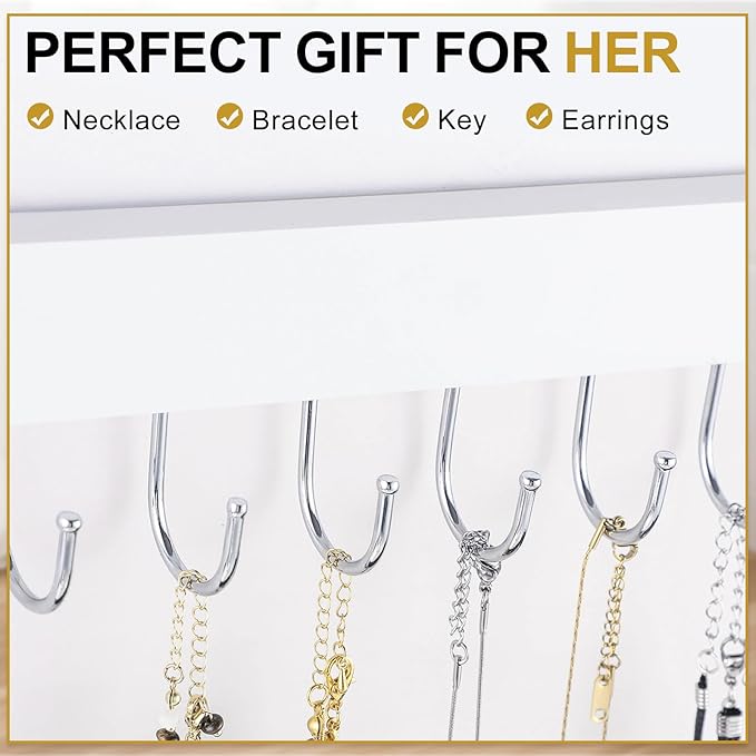 Hanging Jewelry Organizer, 2 Pack Necklace Holder for Wall White Wooden Necklace Organizer Hangers with 24 Hooks Jewelry Display Hangers Wall Mounted for Necklaces, Earrings, Bracelets, Keys