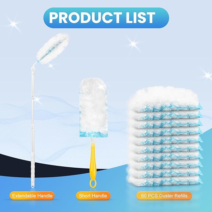 Duster Refills Compatible with Swiffer® Duster, 60 Count Heavy Duty Duster Refills with 1 Short Handle + 1 Extenda Handle, Multisurface 360° Dusters with 4X Microfibers, Unscented Dusters for Cleaning