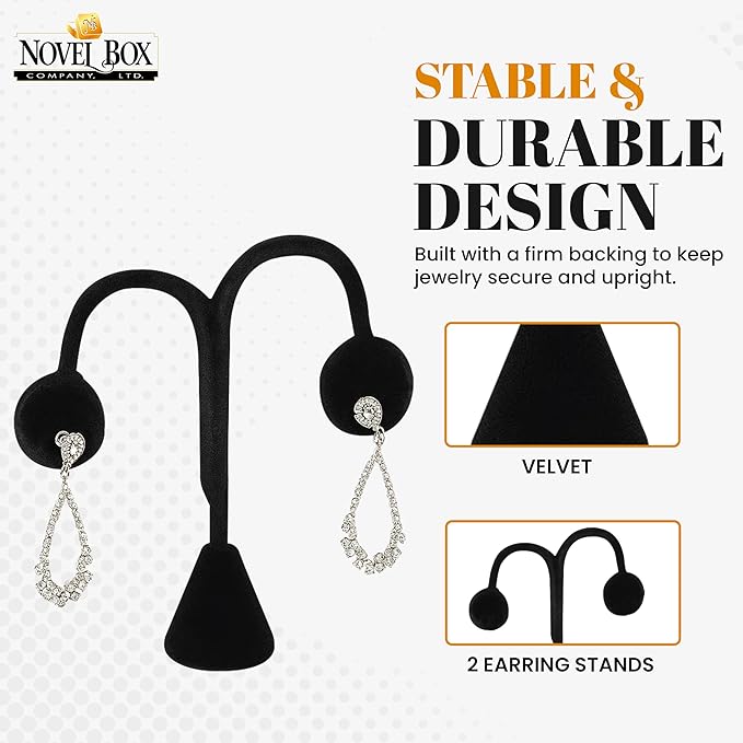 Novel Box 2 Pack Black Velvet Earrings Display Stands 3 3/4 x 4 3/4 Inches - Jewelry Stand Earring Organizer for Women - Elegant Earrings Stands for Craft Shows, Selling & Personal Use