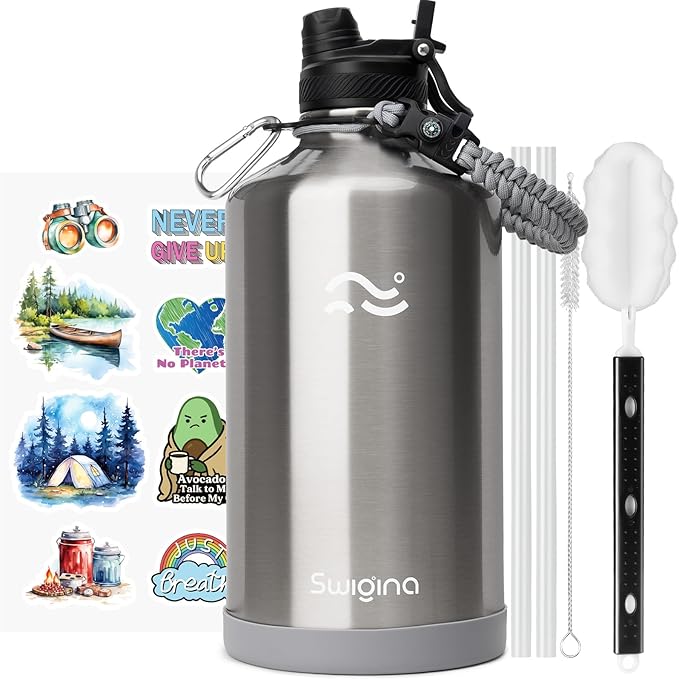 [2-IN-1 LID] Gallon Insulated Water Bottle with Silicone Boot (48hrs Cold/24hrs Hot) - DIY Stickers, Leakproof, BPA Free, 128 oz