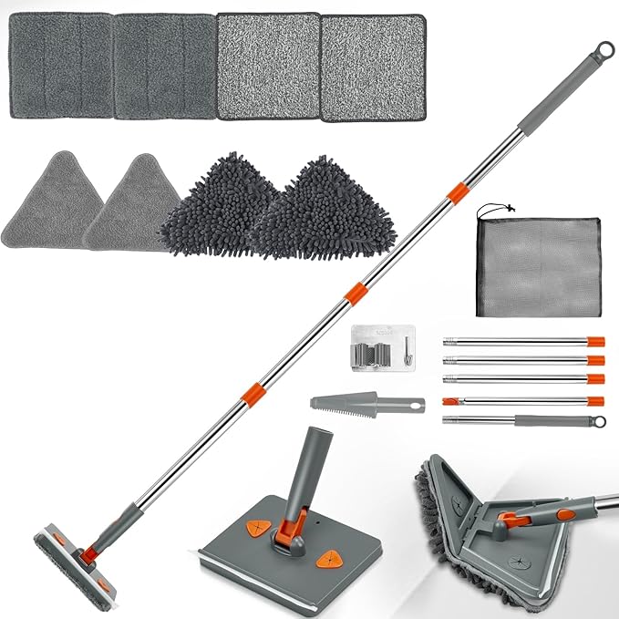 Base Board Cleaner Tool,Wall Cleaning Mop with 360° Rotation, 180° Folding Ceiling Duster Tool , Adjustable Long Handle for Effortless Walls, Window,Floor - 8 Replacement Cleaning Pads