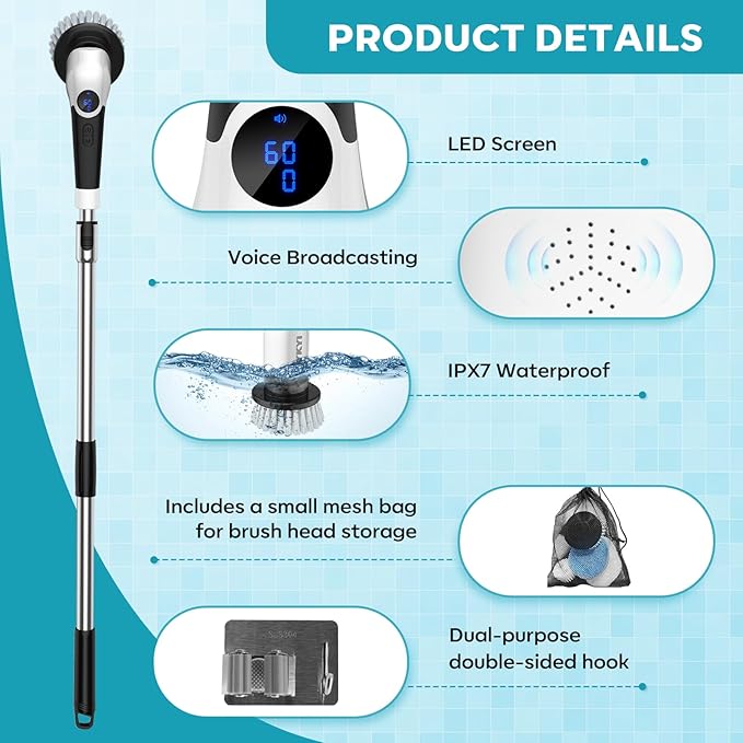 YKYI Electric Spin Scrubber-Cordless Power Scrubber with 8 Brush Heads, 3 Speeds & Adjustable Long Handle, IPX7 Waterproof Shower Cleaning Brush for Bathroom Tile, Bathtub, Grout, Kitchen(Matte White)