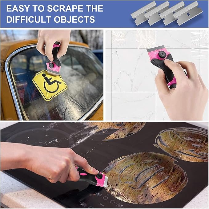 DEKEones Razor Blade Scraper, Double Edged Razorblade Scraping Tool with 10 Pcs Razor Blades, Paint Scraper for Glass, Decals, Tint, Stickers, Labels, Caulk, Adhesive(Pink)