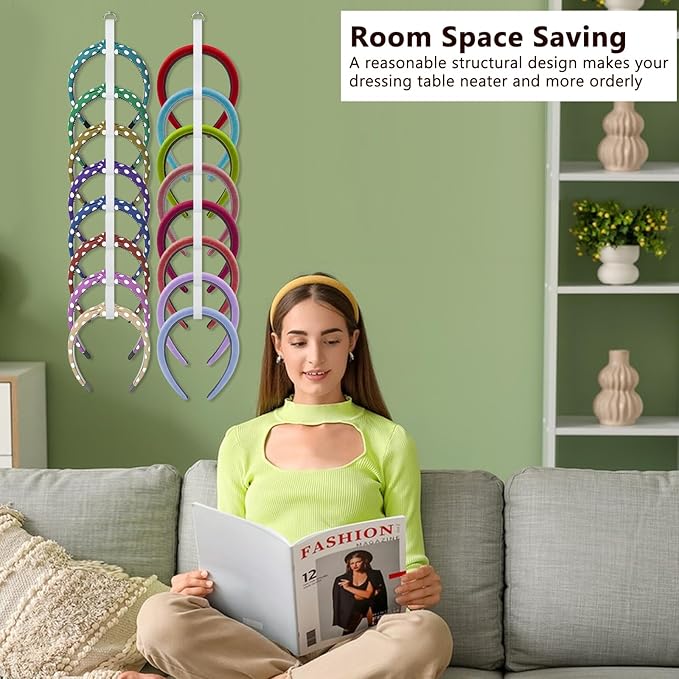 4 Pcs Headband Holder Organizer, White Hanging Wall Mounted Hairband Accessories, Hair Hoop Storage Display with 32 Total Rings for Women Girls, Bedroom Dorm Closet Decor