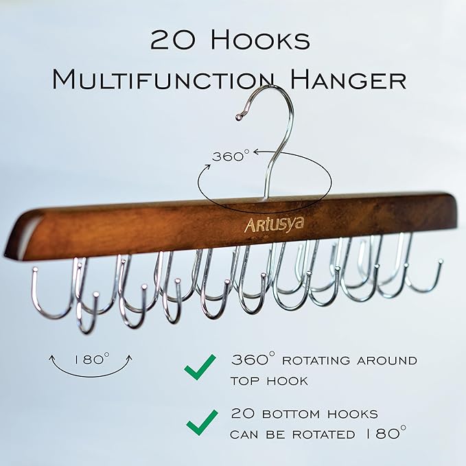 Belt Hanger for Closet, Sturdy Wood Belt Rack Closet Accessories with 20 Hooks Belt Organizer for Closet Organizers and Storage, Brown