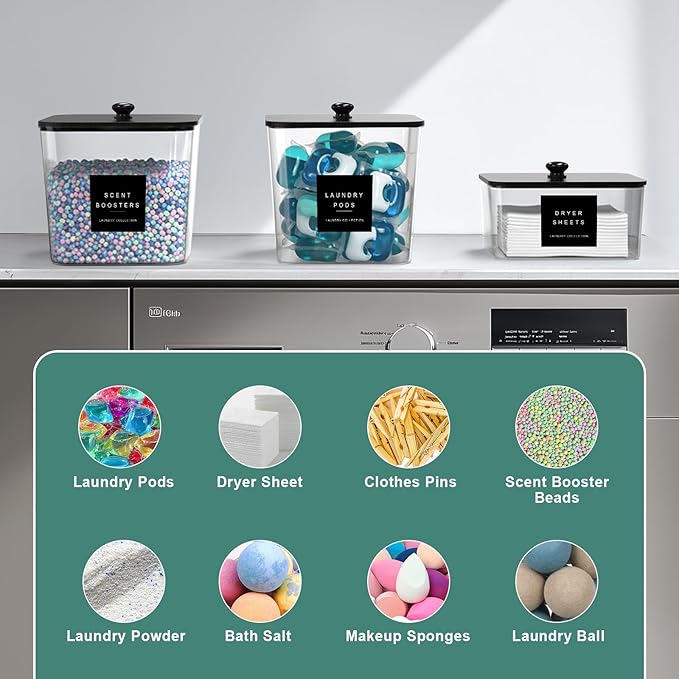 3 Pack Laundry Pod Containers and Dryer Sheet Holder Acrylic Jars with Bamboo Lids and Labels Laundry Room Organization Containers for Scent Booster Powder Detergent Pods Storage
