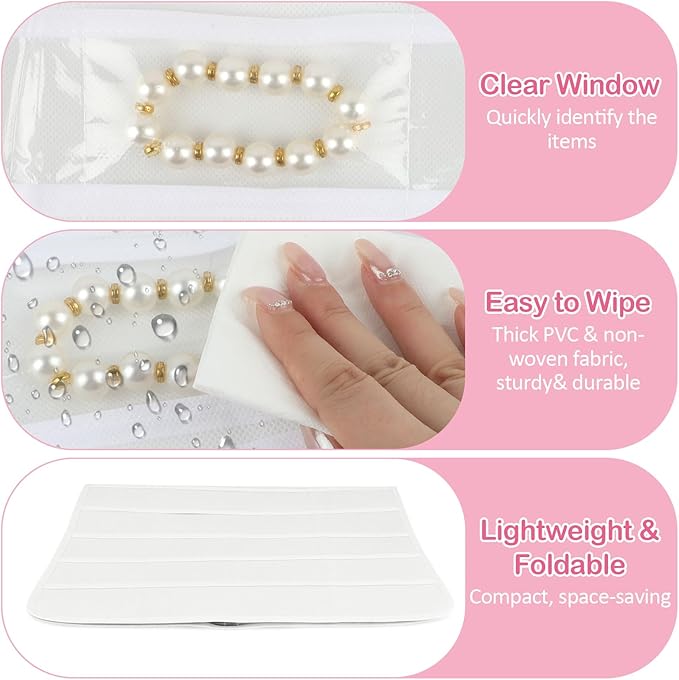 Hanging Jewelry Organizer for Closet with Swiveling Hanger, 17 x 30 In, 80 Clear Pockets Jewelry Organizer Hanging for Jewelries, Earrings, Accessories (Beige) (3, White)